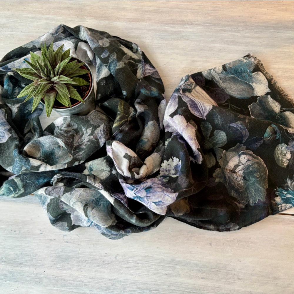 Indigo Floral Scarf with Blue and Purple Hues